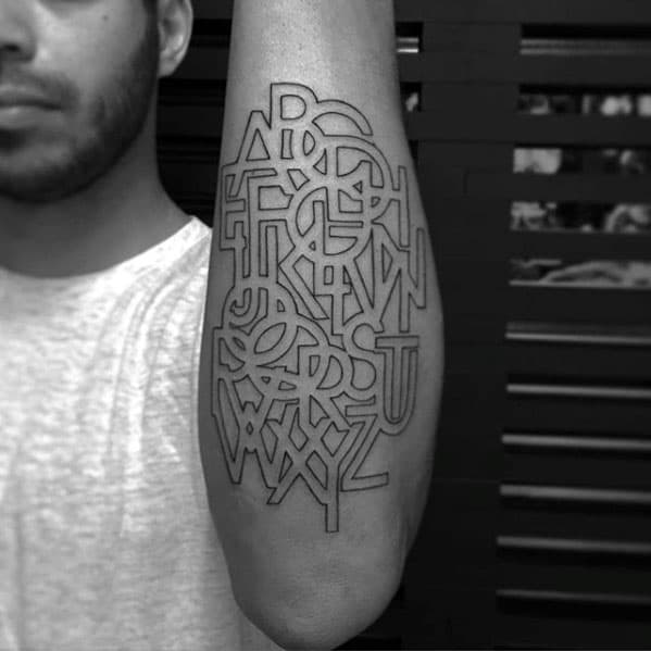 Cool Male Typography Tattoo Designs Black Ink Letter Outline Outer Forearm