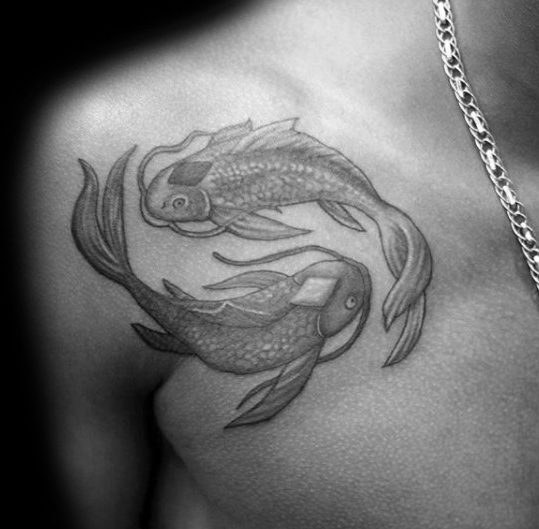 Cool Male Upper Chest Shaded Yin Yang Koi Fish Tattoo Designs