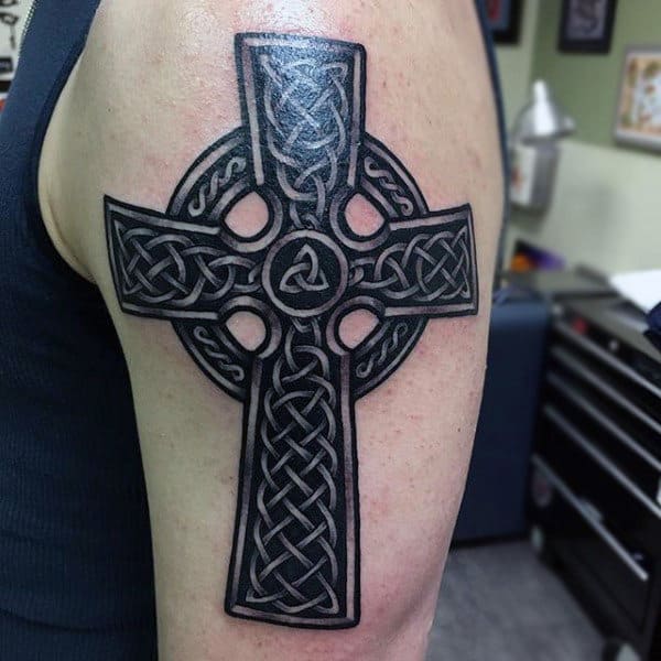 Cool Males Upper Arm Celtic Cross Black Ink Tattoos