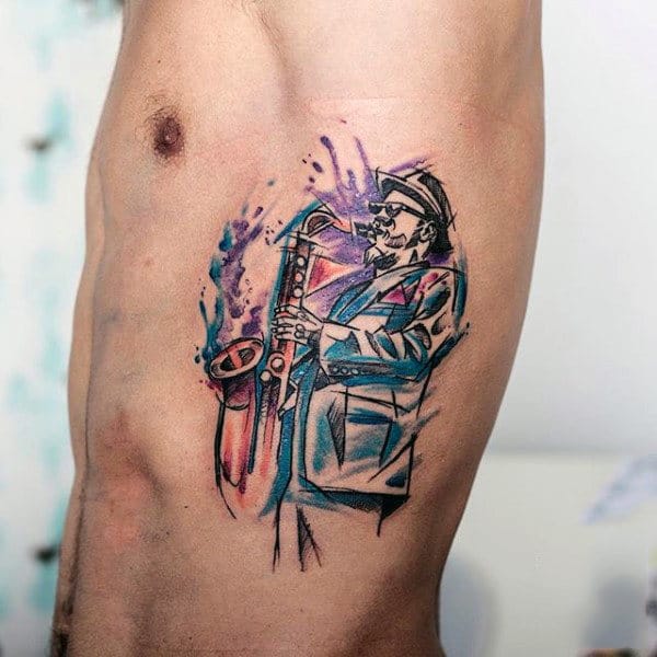 Cool Man Playing Trumpet Rib Cage Side Tattoos For Men