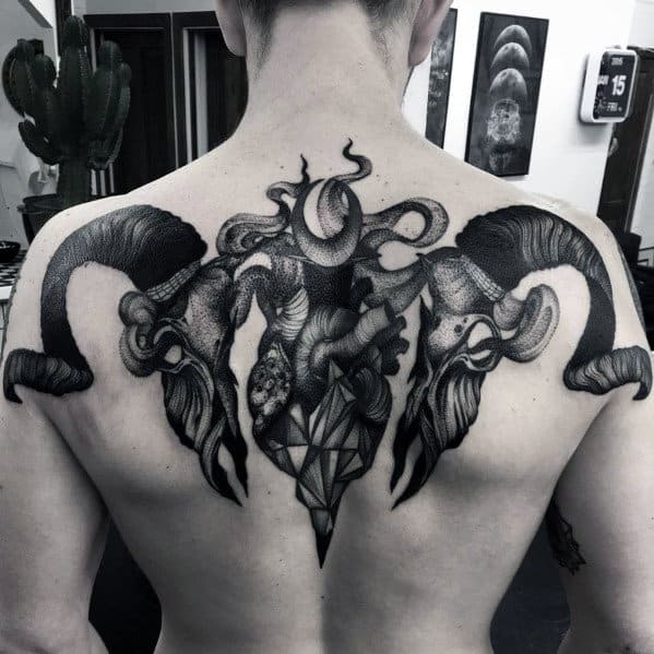 Cool Manly Goat Skull Heart Guys Upper Back Tatto Ideas