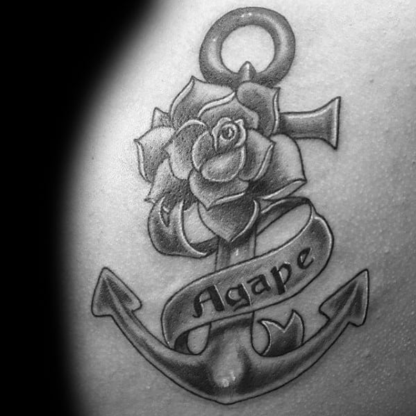 Cool Mens Agape Anchor Banner With Rose Flower Shoulder Tattoo