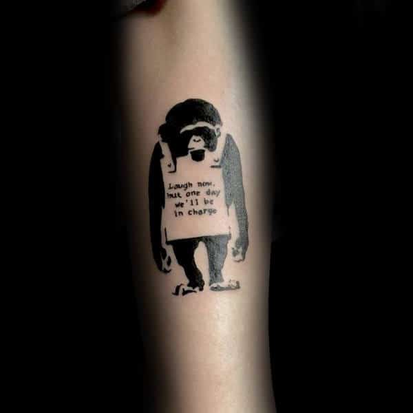 Cool Mens Banksy Tattoo Of Ape Wearing Sign With Words