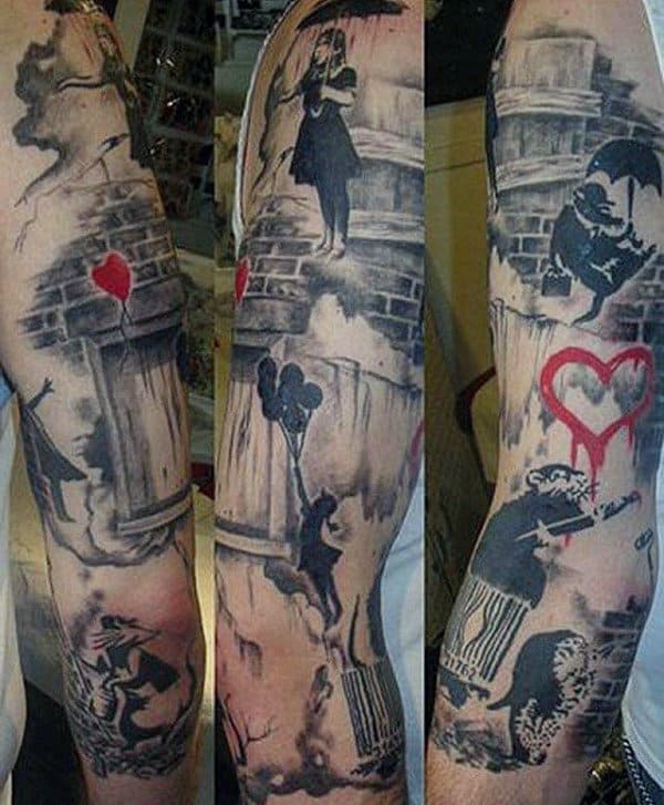 Cool Mens Banksy Themed Sleeve Tattoo