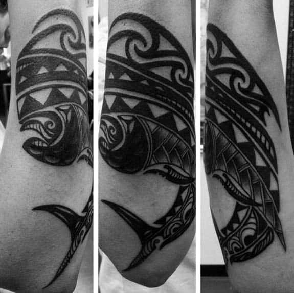Cool Mens Black Ink Hawaiian Tribal Fish Tattoo On Outer Forearm