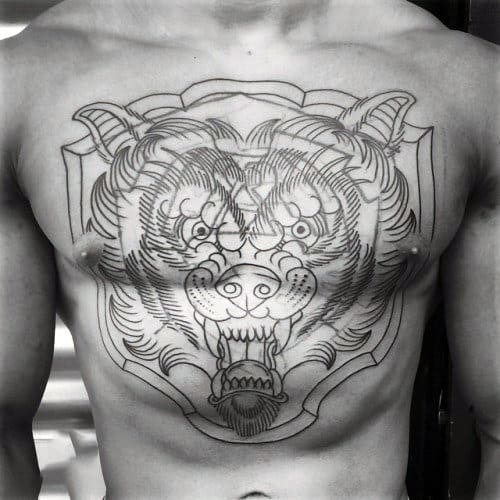 Cool Mens Black Ink Outline Cover Up Wolf Chest Tattoo Design Inspiration