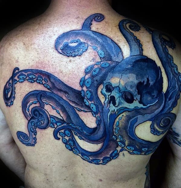 Cool Mens Blue Octopus Skull Back Tattoo Ideas