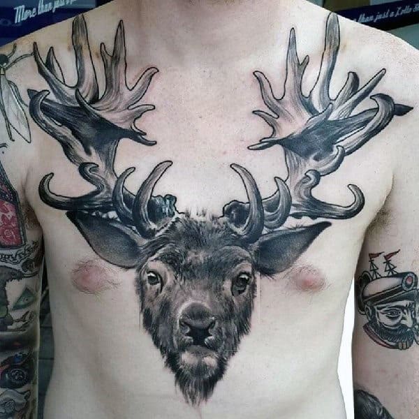 Cool Mens Chest Tattoo Of Deer Head And Antlers