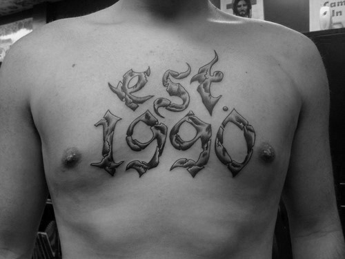 Cool Mens Est 1990 Tattoo On Chest