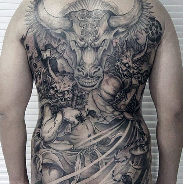 Cool Mens Full Back Chinese Tattoo Design With Shaded Ink