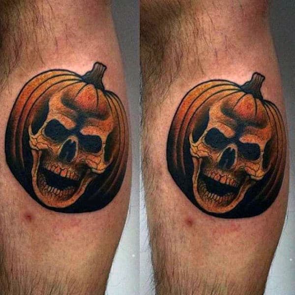 Cool Mens Leg Calf Orange Pumpkin Skull Tattoos