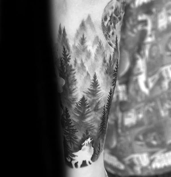 Cool Mens Negative Space Wolf Forest Forearm Tattoo