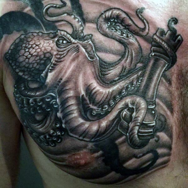 Cool Mens Octopus King Chess Piece Chest Tattoos
