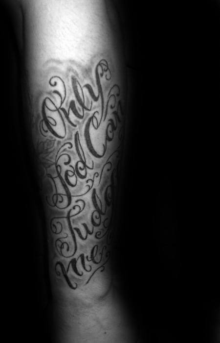 cool mens only god can judge me tattoo design on forearms