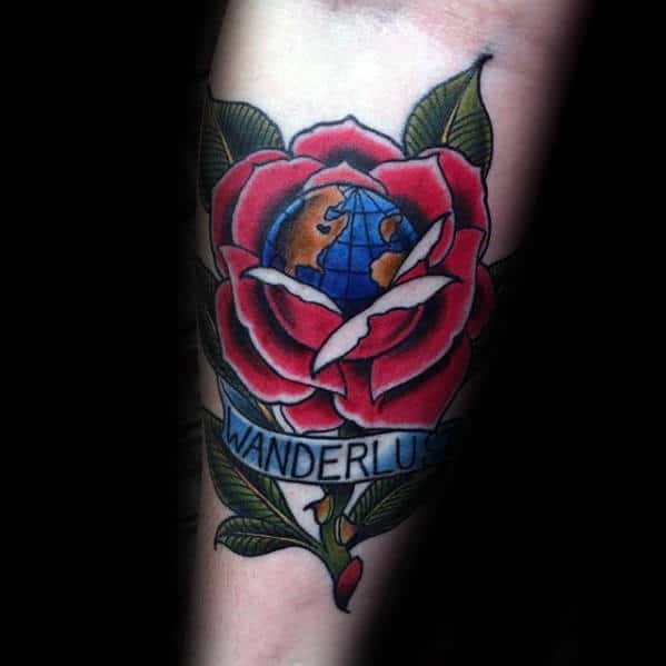 Cool Mens Rose Flower Globe Wanderlust Inner Forearm Tattoo