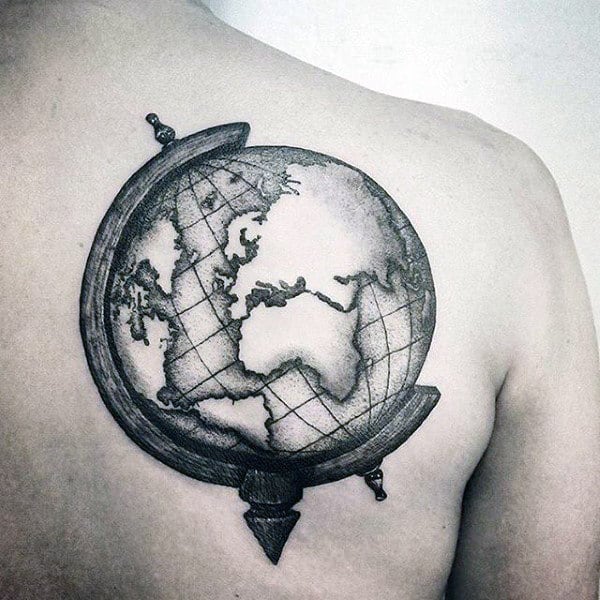 Cool Mens Shaded Back Globe Tattoo Design Ideas