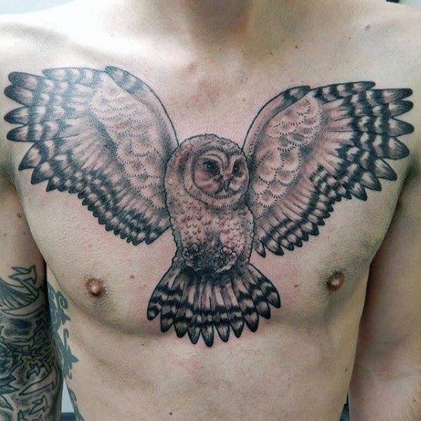 Cool Mens Shaded Barn Owl Upper Chest Tattoo