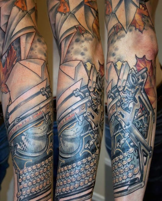 Cool Mens Sleeve Typewriter Tattoo Ideas With Paper Airplane Design
