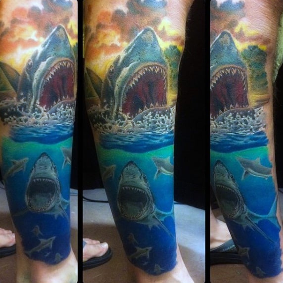 Cool Mens Tattoo Sleeve Design With Shark In Sea Water