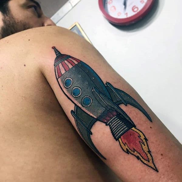 Cool Mens Tricep Rocket Ship Tattoo Design