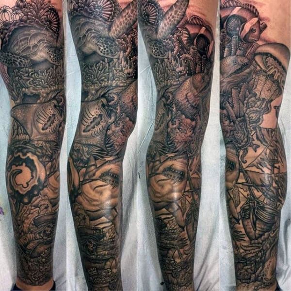 Cool Mens Underwater Grey And Black Ink Coral Reef Sleeve Tattoos