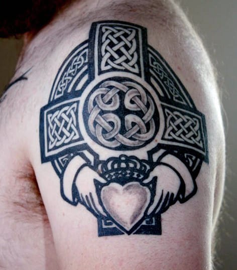 Cool Mens Upper Arm Celtic Cross With Claddagh Tattoo