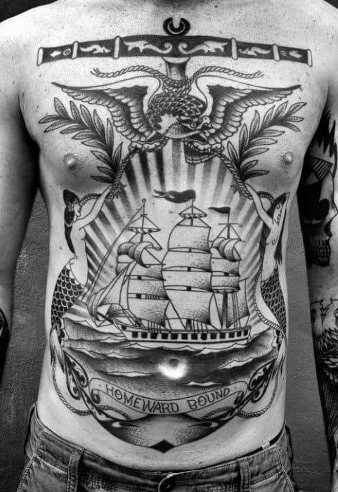 Cool Mens Vintage Sailing Ship With Anchor Retro Chest Tattoo