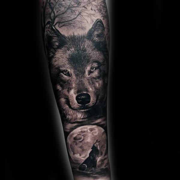 Cool Moon And Wolves Guys Forearm Tattoos
