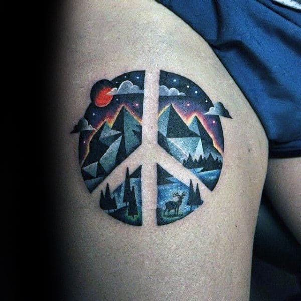 Cool Mountains Peace Sign Mens Negative Space Thigh Tattoos