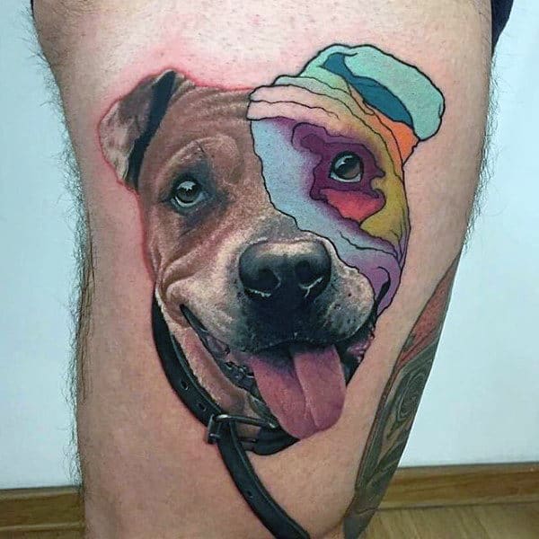 Cool Multi Color Mens Dog Tattoos On Thigh Of Leg