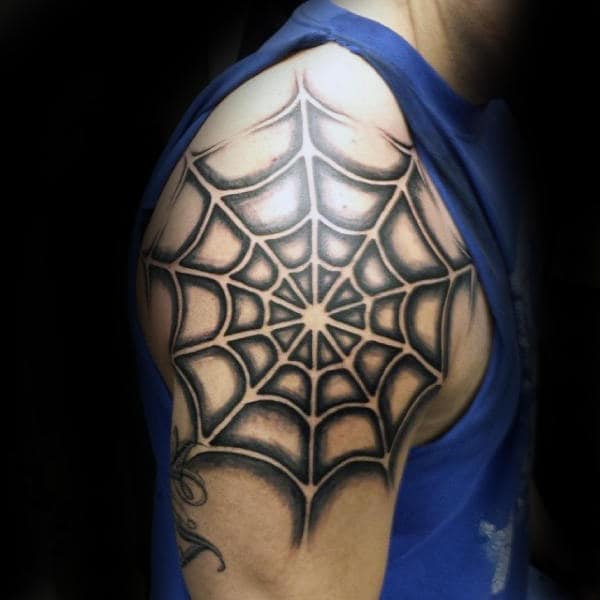 Cool Negative Space Guys Spider Web Upper Arm Tattoo Ideas