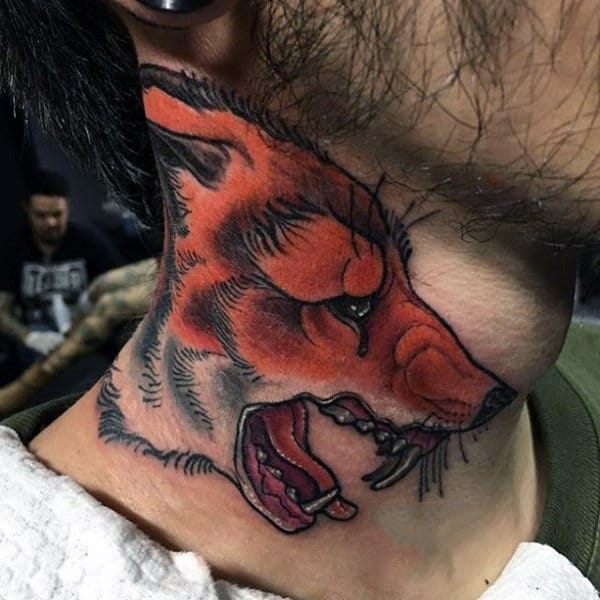 Cool Neo Traditional Fox Animal Mens Neck Tattoos