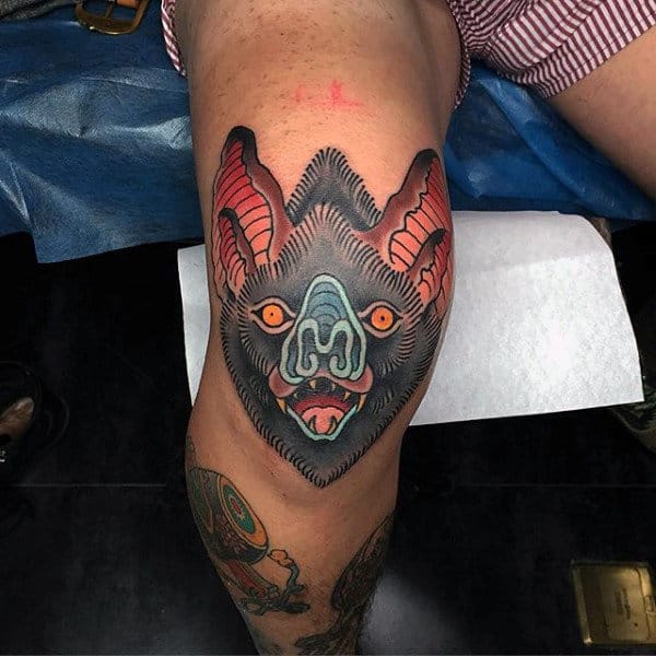 Cool Neo Traditional Knee Bat Tattoo For Men