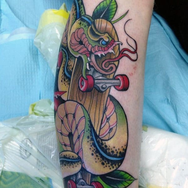 cool neo traditional skateboard snake tattoo for guys