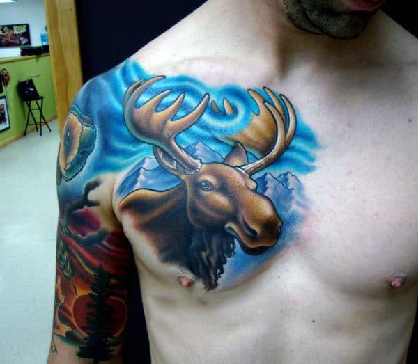 Cool New School Moose Northern Lights Male Chest Tattoos