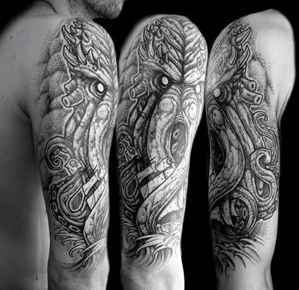 Cool Octopus Kraken Guys Shaded Tattoo Design On Arm