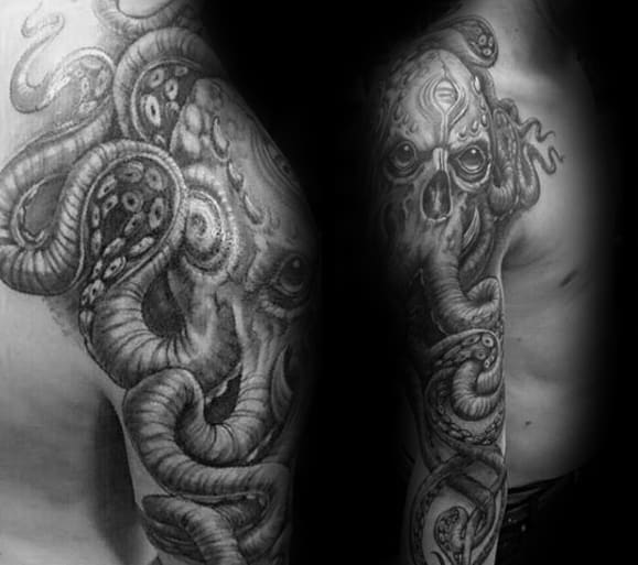 Cool Octopus Kraken Male Full Arm Tattoo Ideas