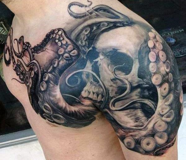 Cool Octopus Skull 3d Chest Tattoos For Guys