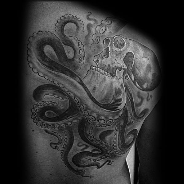 Cool Octopus Skull Black And Grey Shoulder Of Back Tattoo Design Ideas For Male