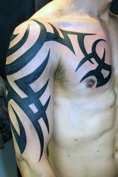 Cool Old School Guys Black Ink Tribal Arms And Chest Tattoos
