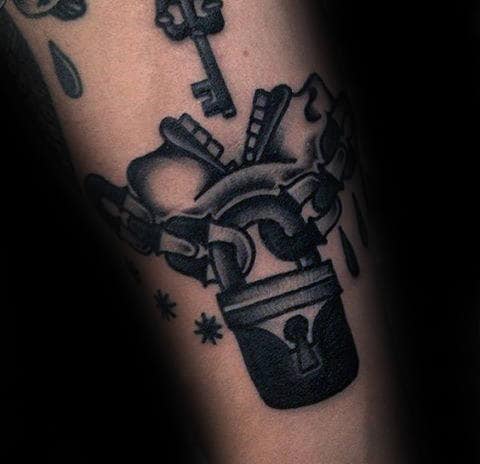 Cool Old School Lock And Chain With Face Eating Key Mens Tattoos