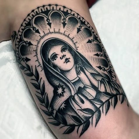Cool Old School Mens Virgin Mary Bicep Tattoos