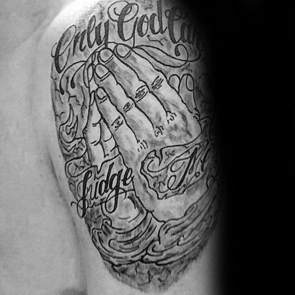 cool only god can judge me guys praying hands arm tattoo