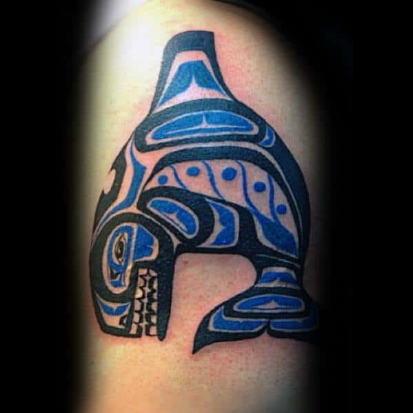 Cool Orca Haida Tribal Blue And Black Ink Tattoo Design Ideas For Male
