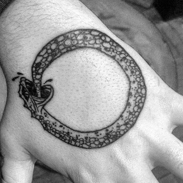 Cool Ouroboros Male Black Ink Hand Tattoo Inspiration