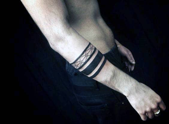 Cool Pattern Black Band With Solid Ink Mens Forearm Tattoo