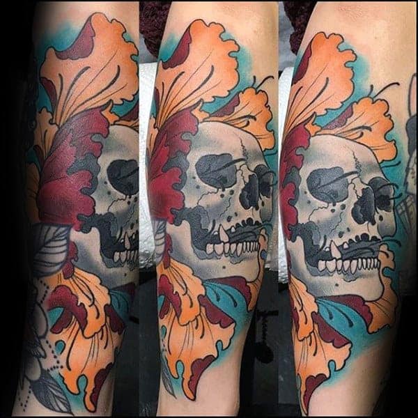 cool-peony-skull-mens-forearm-tattoo-design-ideas