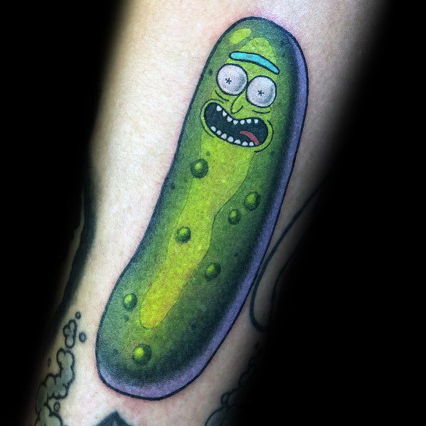 Cool Pickle Rick Forearm Tattoos For Men.