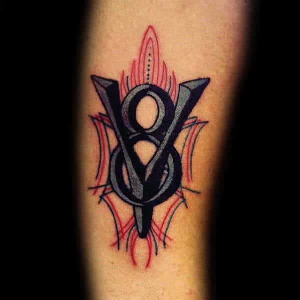 Cool Pinstripe With V8 Symbol Guys Arm Tattoo