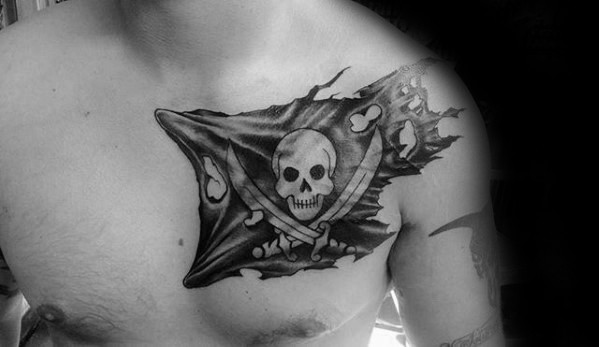 Cool Pirate Flag Mens Shoulder And Upper Chest Tattoo